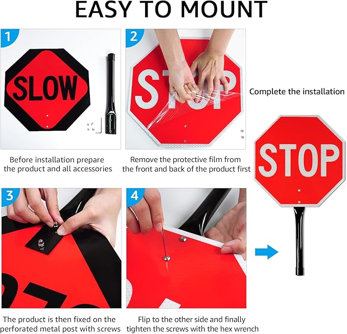 GicnKeuz Stop Slow Sign with Metal Handle, 13x13 inches Double Sided Slow/Stop sign, Traffic Reflective Aluminum Sign, Fade Resistant/Waterproof, Easy to Mount (4 Pack)