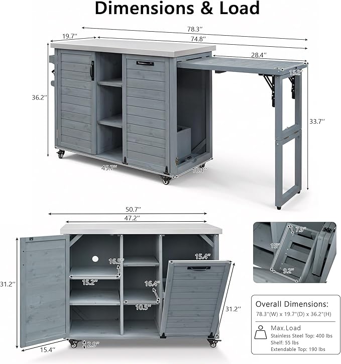 78.3" Outdoor Kitchen Island with Foldable Grill Table - Wooden Grill Cart with Stainless Steel Top, Trash Can Storage and Adjustable Shelves
