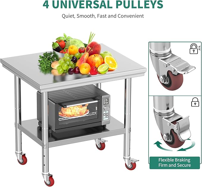 YITAHOME NSF Stainless Steel Table, 30" X 24" Work Table with Wheels, 2 Shelves Metal Prep Worktable for Home Kitchen Restaurant Garage Warehouse Outdoor