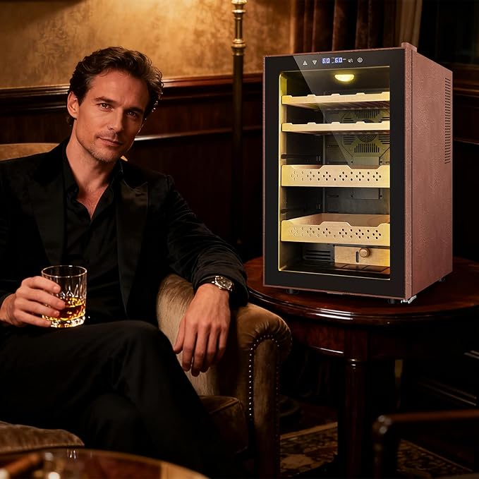 Electric Humidor with Leather-70L Cooling & Heating Humidor Cabinet, Smart Touch Control Humidity & Temp, Humidors wtih Spanish Cedar Wood Tray Digital Display, Safety Lock, Desktop Gift for Men