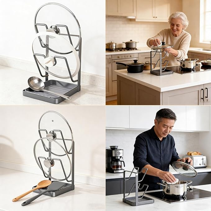 Kitchen Pot Lid Storage Rack, Pot Lid Holder with Tray, Lid Holder While Cooking, Multifunctional Kitchen Organizer Stand for Stove Top (Gray, Double-layer)