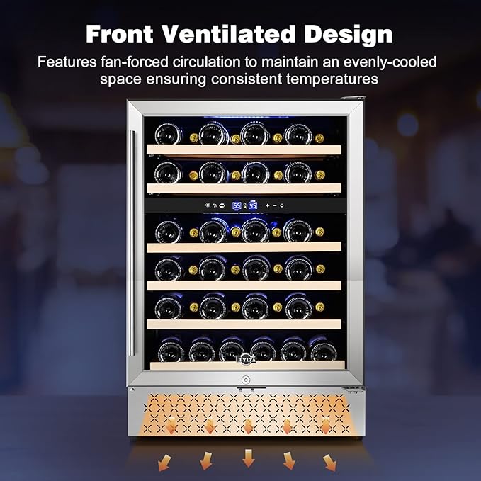 Tylza 24'' Wine Fridge, Dual Zone Wine Refrigerator, 54 Bottles, Lock, Glass Door, Built-in Compressor, 6 Adjustable Shelves, Undercounter or Freestanding, Wine Cooler Refrigerator for Home Bar Office