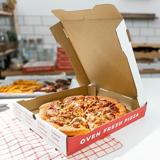 Karat Pizza Boxes 14" x 14" [50 Pack] Classic Red Print Grease-Resistant Corrugated Pizza Box, Ventilated & Convertible to Plate, Perfect for Personal & Pizzas