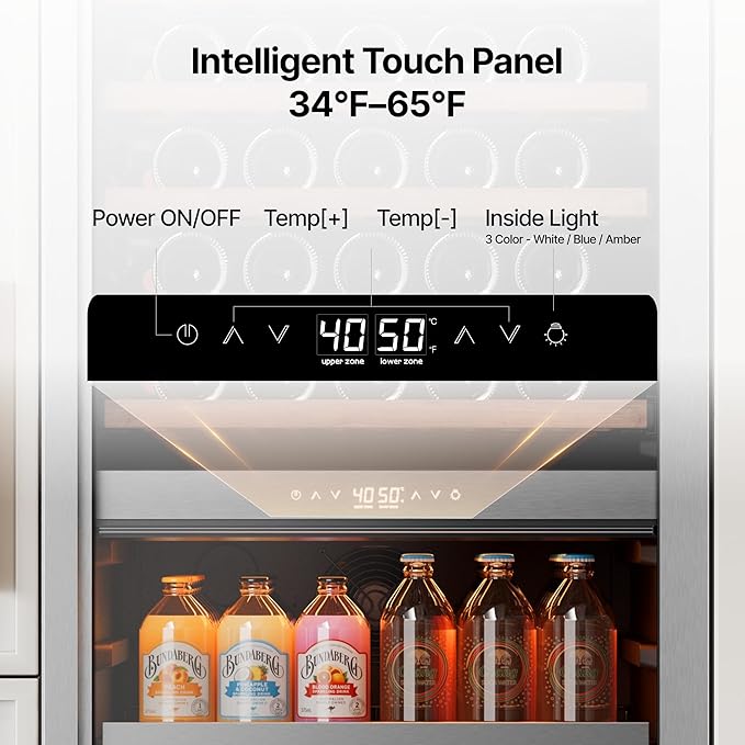 Ca'Lefort 24 Inch Wine Fridge - 177 Can & 77 Bottle Dual Zone Wine Cooler with Glass Door, 34-65°F Quiet Refrigerator with Bottom Drawer 3 LED Light Built-in for Home/Bar/Kitchen Right-Hinged Door