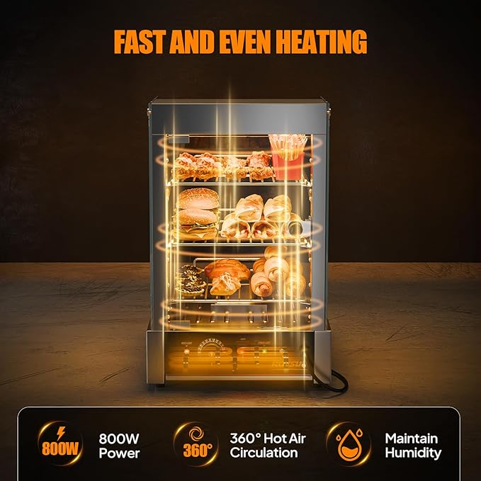 ROVSUN 15" Commercial Food Warmer Display Pizza Warmer, 3-Tier Electric Countertop Food Warmer w/LED Lighting Adjustable Removable Shelves Glass Door, Pretzel Warmer for Buffet Restaurant, Silver