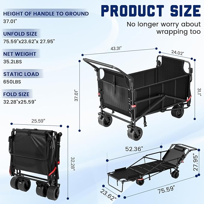 LEVELEVE Heavy Duty Folding Wagon - 2-in-1 Collapsible Cart, 650lb Capacity, All-Terrain Wheels w/Brakes & Side Pockets (Black)