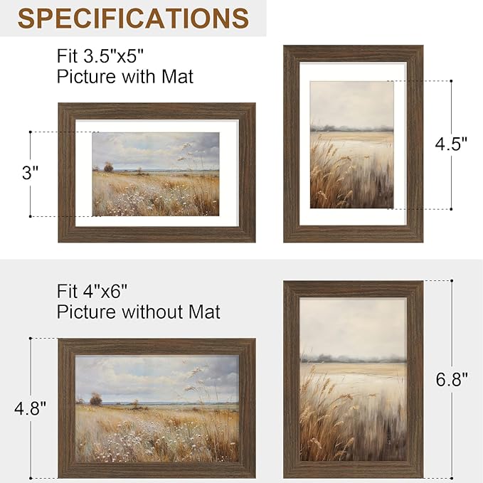 Vittanly 4x6 Picture Frame Set of 2, Solid Wood Frame for Wall or Tabletop, Display Photo 3.5x5 with Mat or 4x6 without Mat, Brown