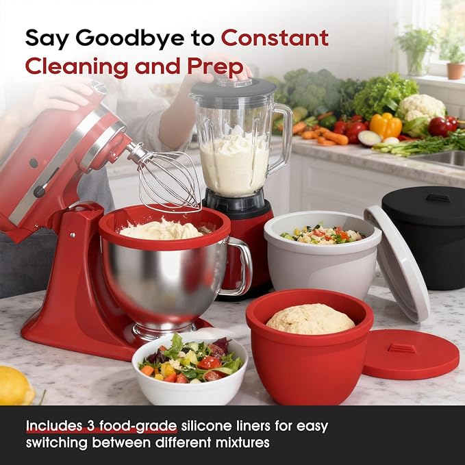 Silicone Bowl Liners for 5 Qt KitchenAid Mixers,3 Liners with Lids,Compatible with Stand Mixers,Non-Stick,Dishwasher Safe,Kitchen Accessory,White&Red&Black