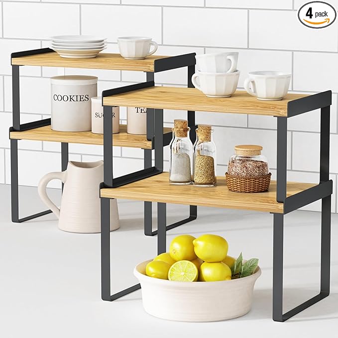 Kitchen Cabinet Organizer Shelf Set of 4, Pantry Organizers and Storage Shelves for Plates Dishes Cups Mugs, Cupboard Counter Cabinet Shelf Riser for Countertop (Bamboo Wood and Black Metal)