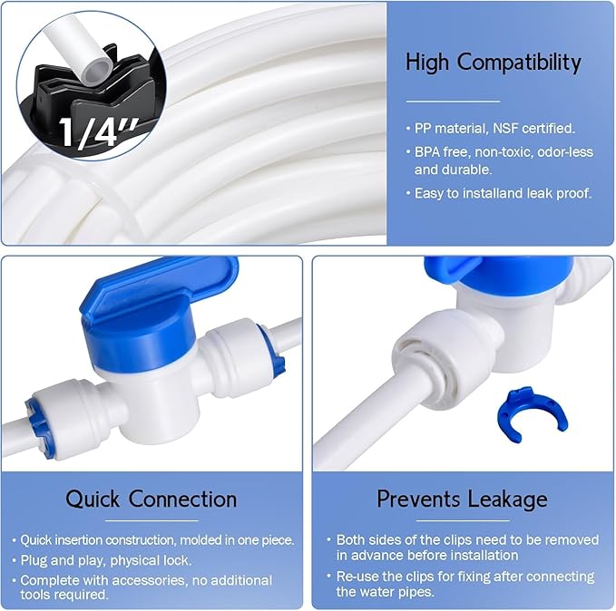 32.8ft Refrigerator Water Line Kit Connection, 1/4 Compression Ice Maker Installation Kit, 1/4" OD Water Line Kit with Quick Connect Fitting for Fridge Ice Maker Reverse Osmosis RO System Water Filter