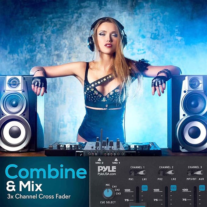 Pyle Wireless DJ Audio Mixer - 3 Channel Bluetooth Compatible DJ Controller Sound Mixer, Mic-Talkover, USB Reader, Dual RCA Phono/Line In, Microphone Input, Headphone Jack, Black - PMX8BU