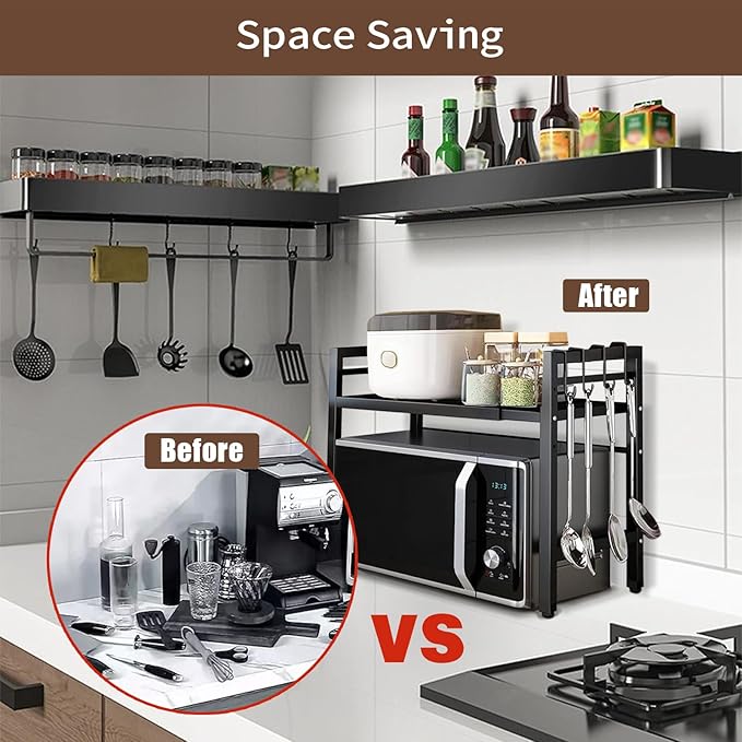 Microwave Oven Rack Expandable Countertop Heavy Duty Microwave Shelf 2-Tier Adjustable Metal Storage Shelf Rack for Kitchen(Black)