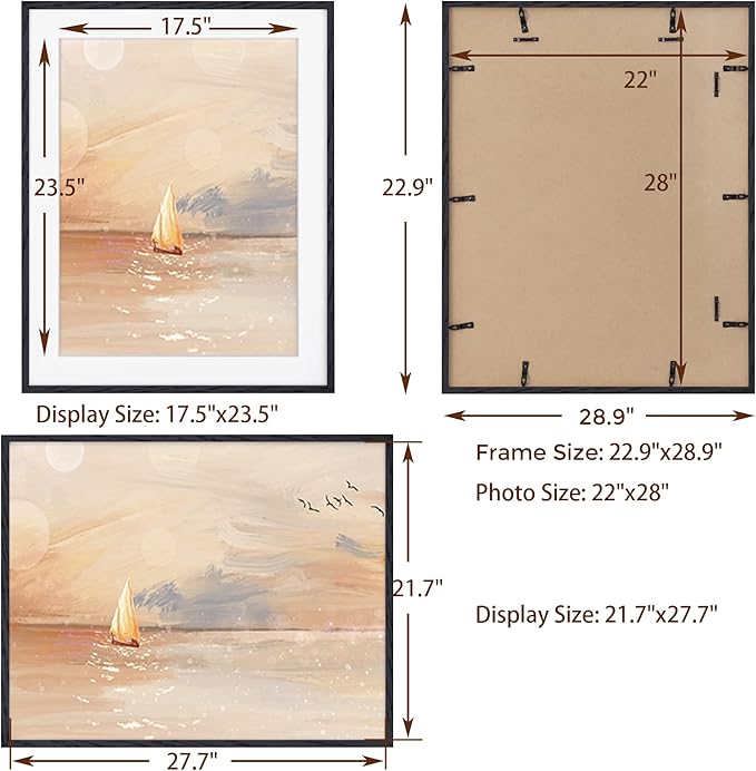 22x28 Black Picture Frame, 22x28 Poster Frame - Solid Oak Wood and Tempered Real Glass, 22x28 Frame with Mat for 18x24, Black Wood Frame 22 by 28, 22"x28" Art Frame