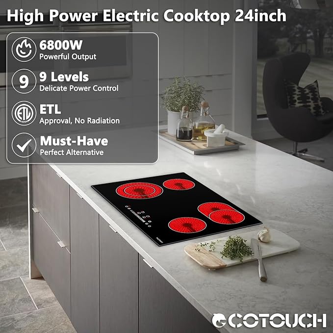 Electric Cooktop 30 inch, ECOTOUCH Built-in Electric Cooktop 4 Burner Stove Top, Radiant Cooktops Stovetop with Kid Safety Lock, Timer, 9 Heating Level, 6800W, 220-240V for Hard Wire(No Plug)