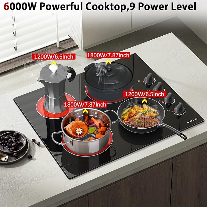 Noxton 24 Inch Electric Cooktop 4 Burners Electric Stove Top, Built-in 24" Radiant Ceramic Cooktop with Knob Control, Hot Surface Indicator, 220-240v,6000W, No Plug, Hard Wire