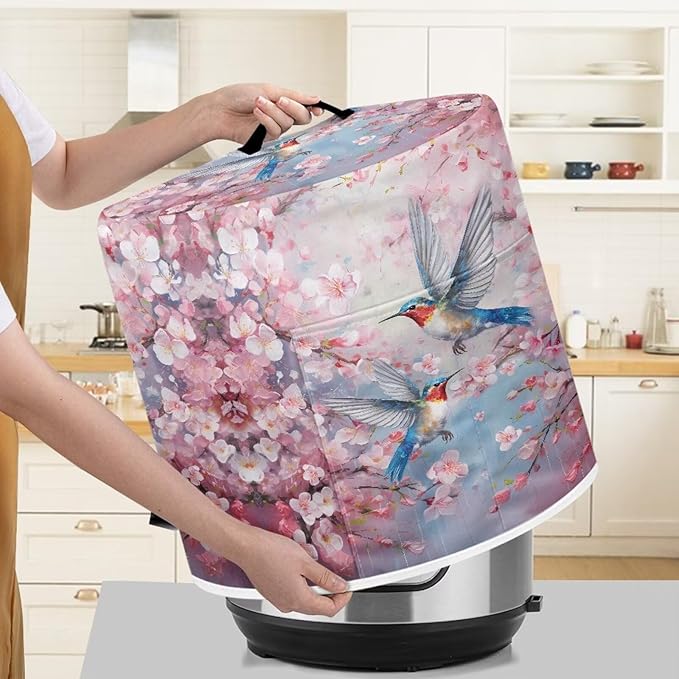 TODIYADDU Birds Cherry Blossoms Dust Cover for Electric Pressure Cooker Waterproof Air Fryer Cover Dust Cover with Storage Pocket and Handle Portable Instant Pot 3 Quart Pressure Cooker Cover Gifts