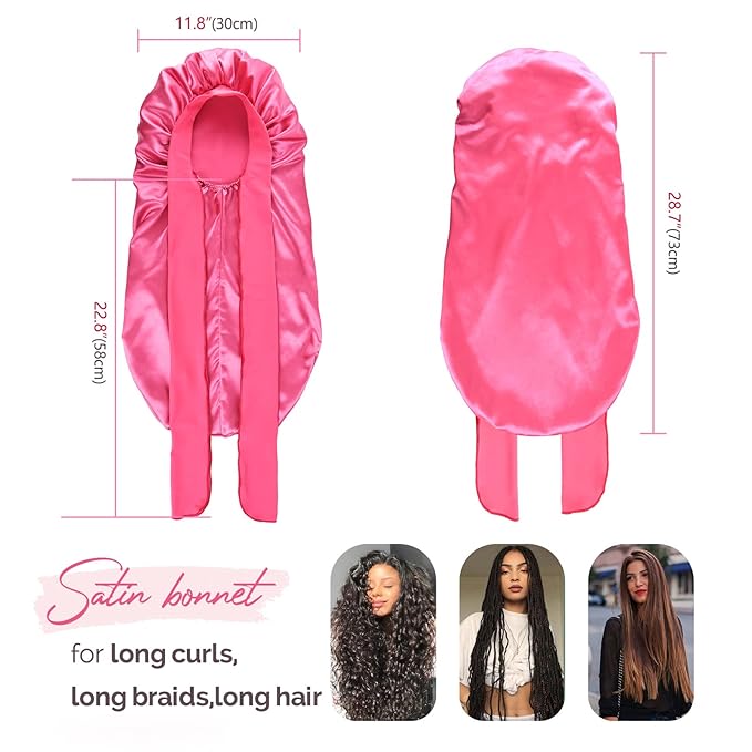 YANIBEST Long Bonnet Satin Bonnet for Sleeping Braid Bonnet with Tie Band Silk Sleep Bonnet for Women Locs Hot Pink