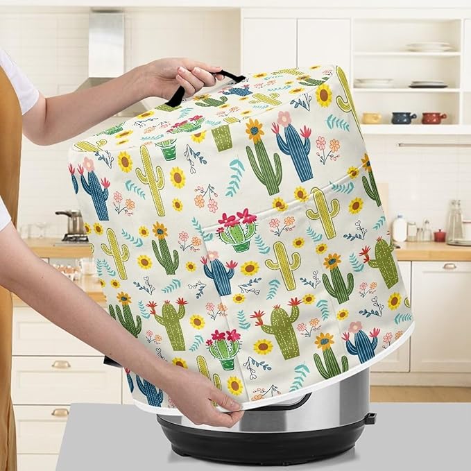 Pressure Cooker Cover with Storage Pocket Compatible with 3 Quart Instant Pot,Cartoon Cactus Print Rice Cooker Air Fryer Accessories, Waterproof Kitchen Appliances Dust Cover