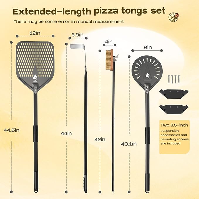 4 Piece Pizza Oven Kit (Extended Edition) Pizza Turning Peel 9 Inch Perforated Pizza Peel 12 Inch 40 Inch Aluminum Handle Pizza Oven Brush and Ash Rake Pizza Peel Set Pizza Oven Tools Kit