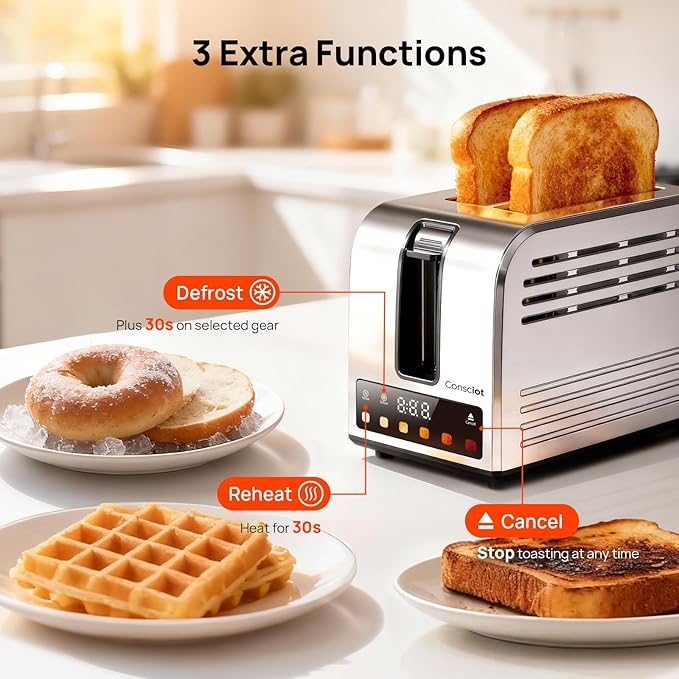2 Slice Toaster, Consciot Smart Touchscreen Toaster with 6 Browning Levels, Reheat/Defrost/Cancel Functions, Extra-Wide Slots, Removable Crumb Tray, Auto Pop-up & Anti Jam, Peak 925W, Stainless Steel