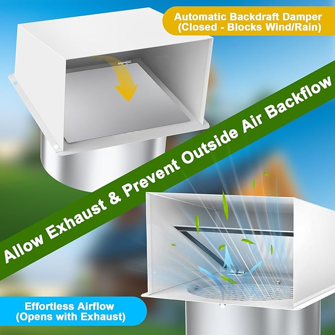 8 Inch Hooded Wall Vent, Dryer Wall Vent Cover Outside with Screen & Damper, Hooded Wall Exhaust Vent Cover, Outdoor Air Vent Cap for Range Hoods/Kitchen/Bathroom/Laundry/Basements/Garages, White