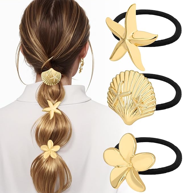 3PCS Metal Hair Tie For Women,Gold Cuffs,Metal Geometric Gold Hair Ties, Hair Accessories Stretchy and Non-Damage Ponytail Holders,Ponytail Cuff Hair Bands For Hair Styling(SET10)