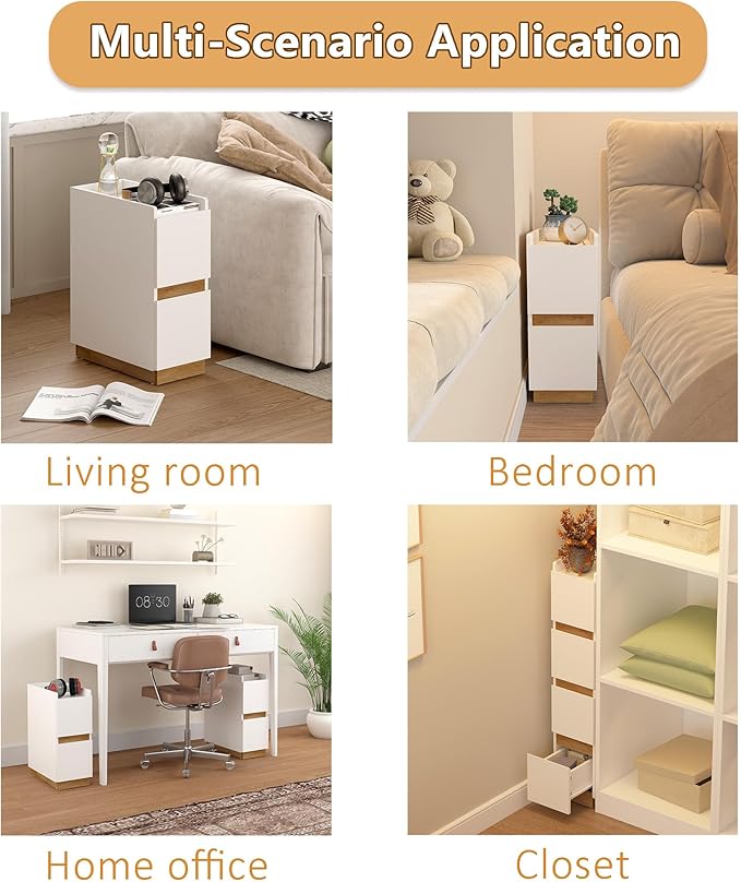 Narrow Night Stands, Modern Slim Nightstand Set of 2, Wooden Skinny Bedside Table 2 Drawers, Stackable Narrow Side Table with Drawers for Small Spaces, Bedroom, Living Room, White