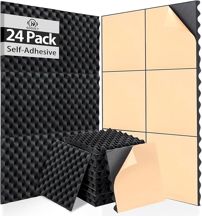 24 Pack Self-Adhesive 12" X 12" X 1.2" Egg Crate Soundproof Wall Panels for Studio, Room Acoustic Treatment Foam, Sound Absorbing Foam Black