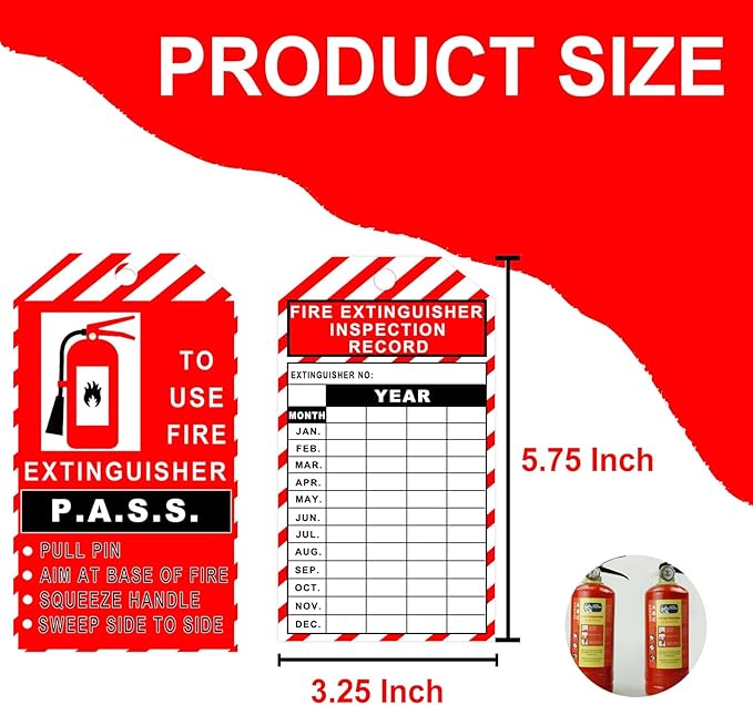 25 Pack Monthly Fire Extinguisher Inspection Tags Record 4 Year with Adjustable Wire Ties - 3.25 x 5.75 Inch PP Extinguisher Recharge and Inspection Record Tag for Indoor Outdoor Fire Extinguishers