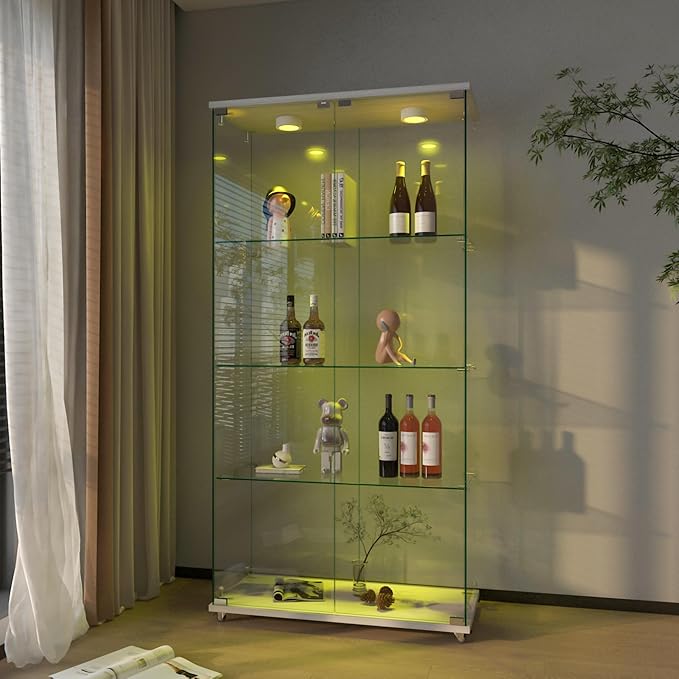 Yoluckea 4-Shelf Glass Display Cabinet with LED Lights, 2-Door Floor Standing Curio Cabinet with Universal Wheel for Home or Office, White Glass Bookshelf for Collections, Decor, and Corner Display