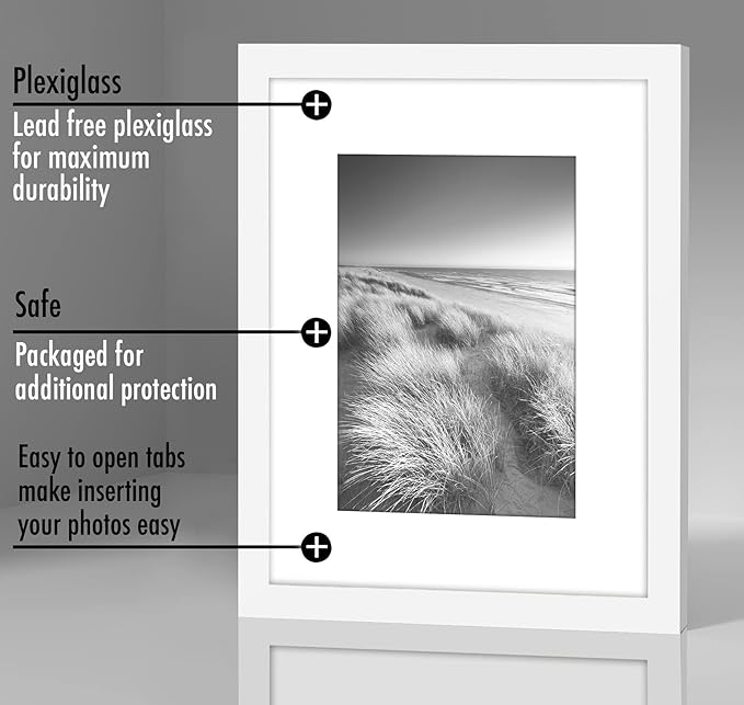 Americanflat 8x10 Picture Frame with Polished Plexiglass - Set of 5 - Use as 5x7 Frame with Mat or Display 8x10 Photo Without Mat - Galleria Collection - Picture Frames for Tabletop and Wall - White