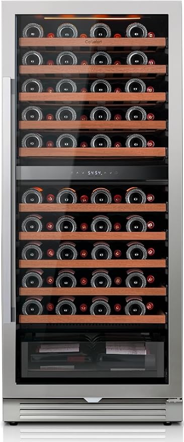 Ca'Lefort 24 Inch Wine Fridge - 90 Bottle Dual Zone Wine Cooler with Glass Door, 40-65°F Quiet Wine Refrigerator with Bottom Drawer 3 LED Light Built-in for Home/Bar/Kitchen Right-Hinged Door