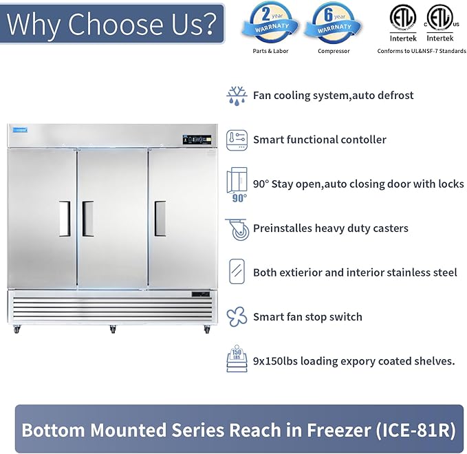 ICECASA 82" W Commercial Refrigerator Reach-in 72 Cu.ft 3 Solid Door Stainless Steel Commercial Refrigerator Fan Cooling for Restuarant, Bar, Shop, etc
