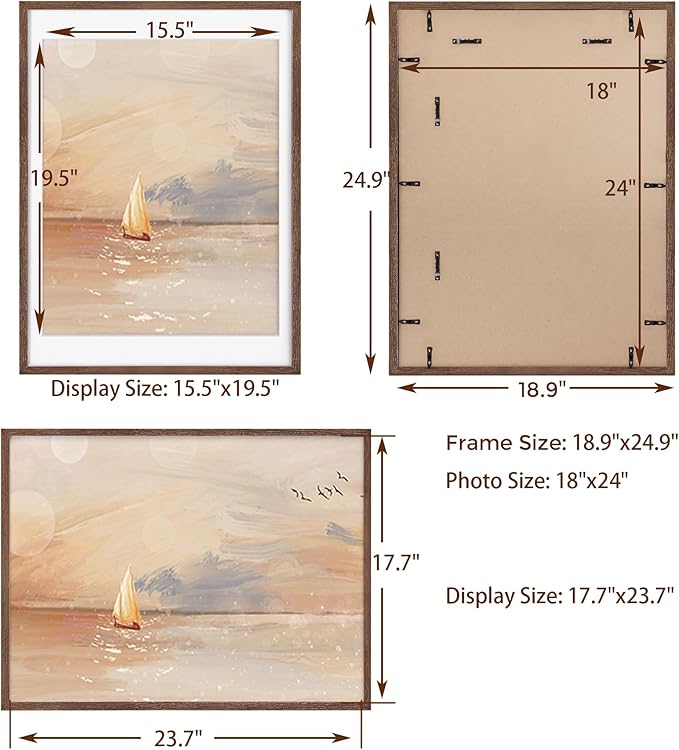 Fun Memories 18x24 Poster Frame, Solid Oak Wood 18 by 24 Picture Frame Set of 2, 18x24 Wood Frames with Tempered Glass, 18 x 24 Frame with Mat for 16 x 20, Large Wooden Art Frame, Walnut Color