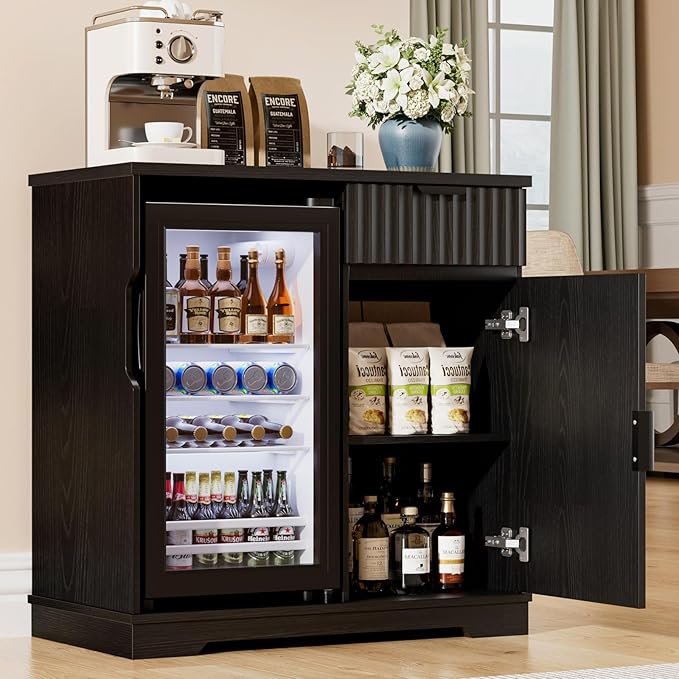 Mini Fridge Cabinet (Fridge Included), Fluted Coffee Bar Cabinet with Refrigerator, Pull Out Drawer & Storage Cabinets, 31.5" Liquor Wine Bar Cabinet for Home, Kitchen, Dining Room, Blac