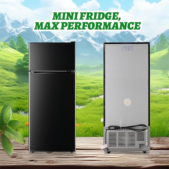 DEMULELR 4.5Cu.ft Small Mini Refrigerator with Freezer Black Two Door Mini Fridge with Crisper Drawer & Extra Drink Space, LED Light, Apartment Size Fridge for Dorm Office 17.5" W x 18.5" D x 43" H