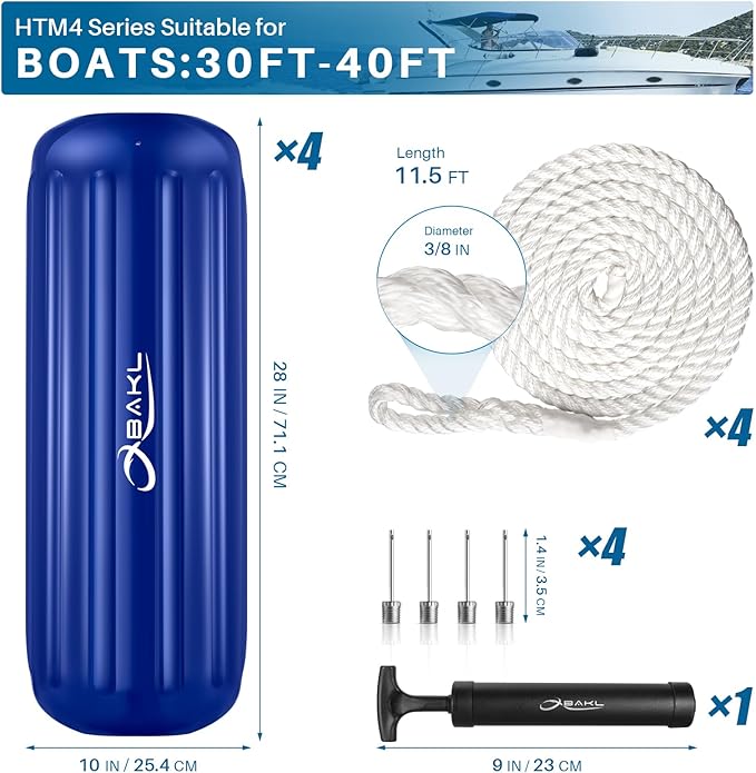 Boat Fenders 4 Pack 10 x 28 Inches Ribbed Center Hole Boat Fenders Bumpers for Docking, Comes with Ropes and Pump to Inflate