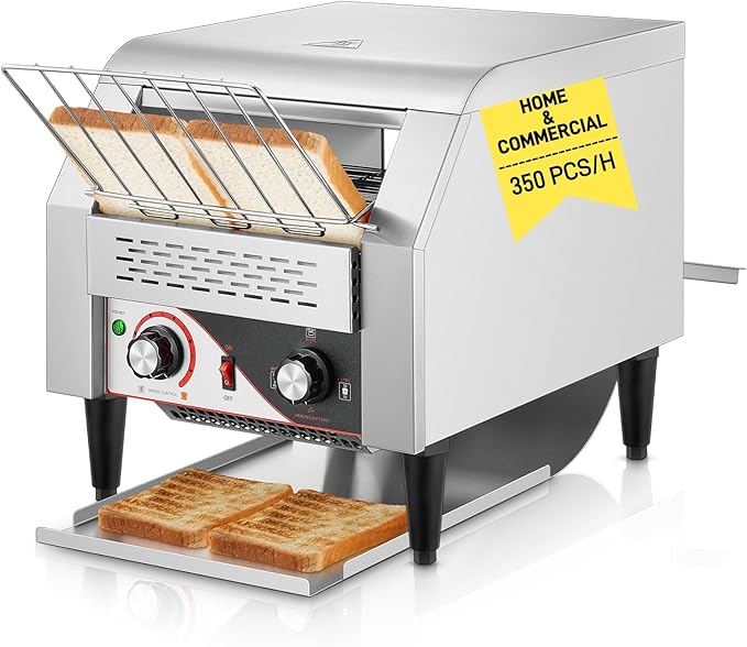 Commercial Conveyor Toaster, 350 Slices/Hour Electric Stainless Heavy Duty Restaurant Toaster, with Dual Heating Tube, 7 Browning Levels, for Bagel, Restaurant, Bakery Cafe, Silver