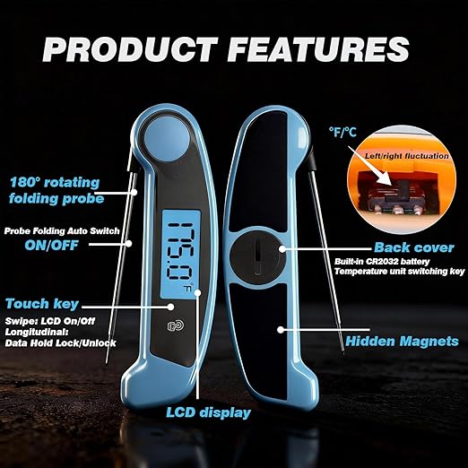 Meat Thermometer Digital Waterproof Instant Read Thermometer for Cooking ℃/℉ Convertible, Food Thermometer with Backlight, Cooking Thermometer for Kitchen Auto-Rotating Display Blue
