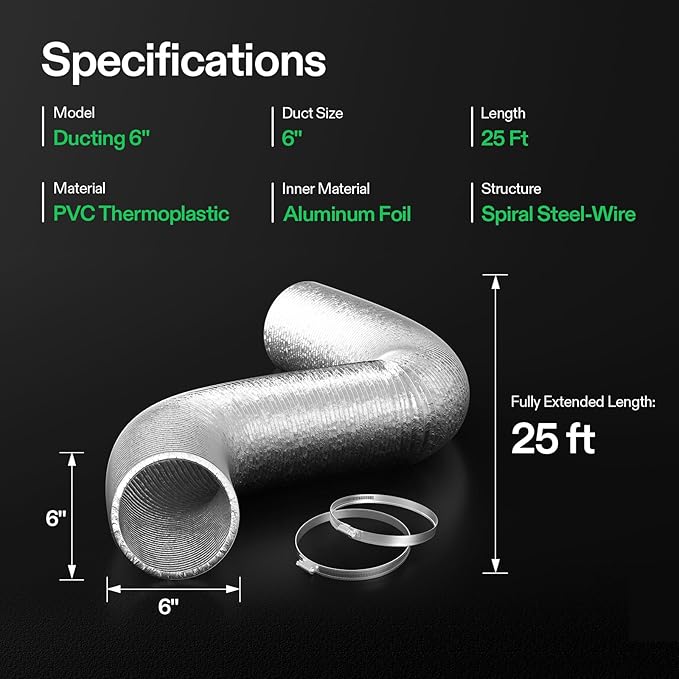 VIVOSUN 6 Inch Flex Air Aluminum Duct for Ventilation, 25 Feet Long Heavy-Duty Multi-Layer Dryer Hose Vent for Heating Cooling Ventilation and Exhaust, 2 Clamps Included