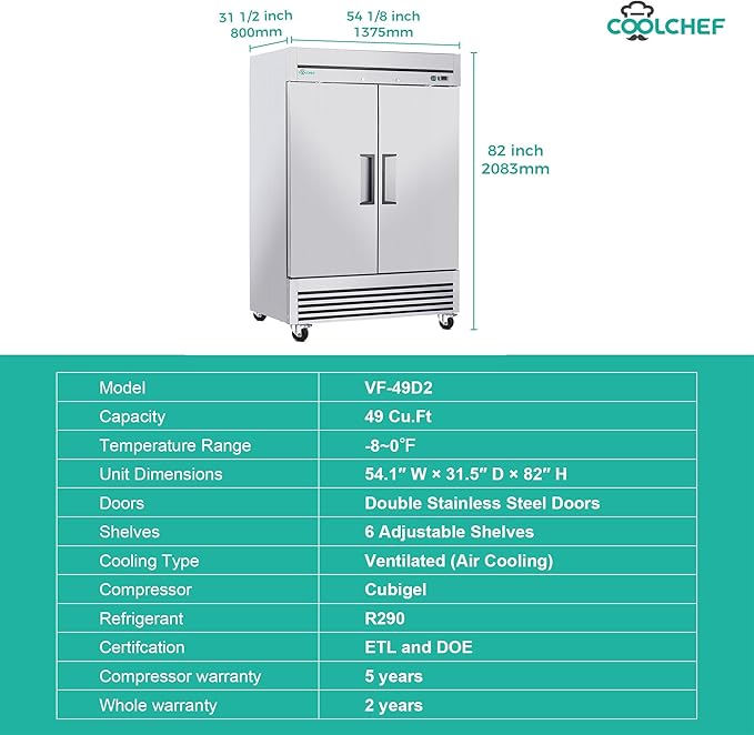 COOLCHEF 54"Commercial Freezer, 49 Cu.Ft Double Door Stainless Steel Reach-In Freezer, -8~0℉, Air Cooling, 6 Shelves, R290, ETL