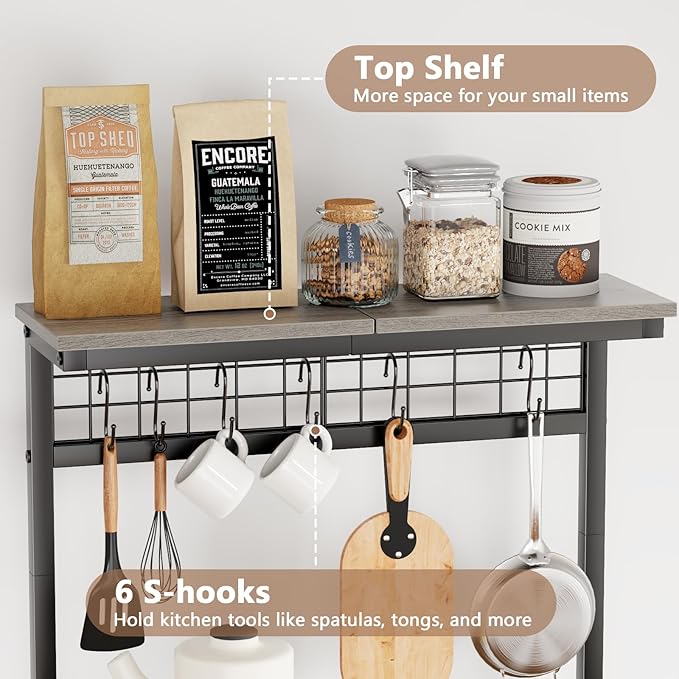 Furologee Kitchen Bakers Rack, Microwave Stand with Storage 4 Tiers, Coffee Bar Station with 6 S Hooks and Pegboard, Kitchen Shelves Rack for Spices, Pots, Black Oak