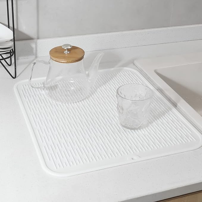 Silicone Dish Drying Mat for Multiple Usage,Easy clean,Eco-friendly,Heat-resistant Silicone Mat for Kitchen Counter or Sink,Refrigerator or Drawer Liner White XL 18 inches x 16 inches