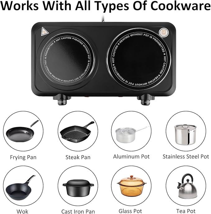 1800W Infrared Double Burner Electric, Portable Hot Plate for Cooking, Countertop Burner with 7.5” & 6.3” Glass Plate Cooktop with Stepless Temperature Adjustments for Kitchen, RV, Dorm
