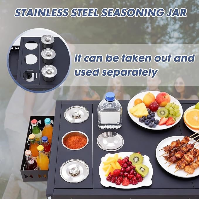 Portable Outdoor Grill Table with Wheels, Heavy-Duty Griddle Stand Grill Cart with Shelves,Towel Holder, Spice Pots & Bottle Opener, Multi-Functional BBQ Prep Station & Utility Cart