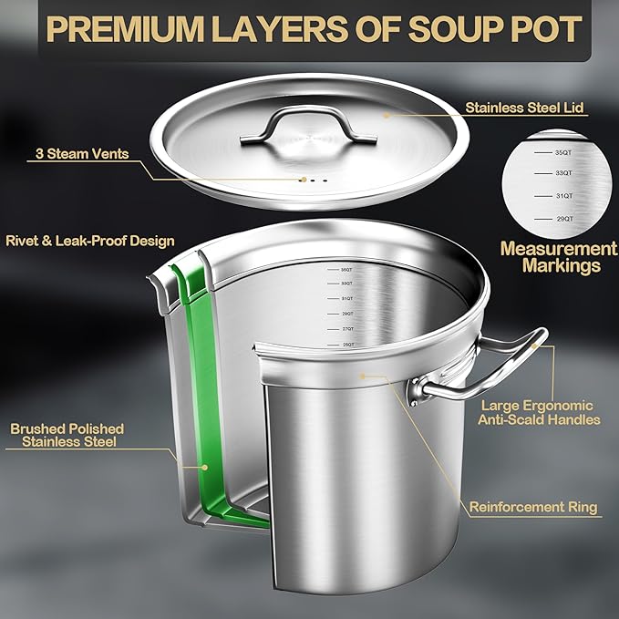 Large Stock Pot-35QT Stainless Steel Stockpot with Lid, Heavy Duty Tri-Ply Bottom Commercial Grade Stock Pot & Stockpots for Boiling Cooking Soup Stew Canning Cooking Pots, Big Stockpot, Deep Cookware