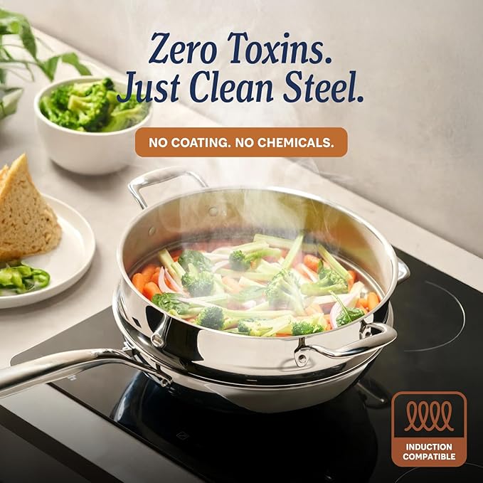 LEGEND COOKWARE 5-Ply Stainless Steel 12-Inch Frying Pan with Lid - Induction Compatible, Oven Safe 800°F - Non-Toxic, No Coatings - Even Heating, Won't Warp - Built to Last Generations