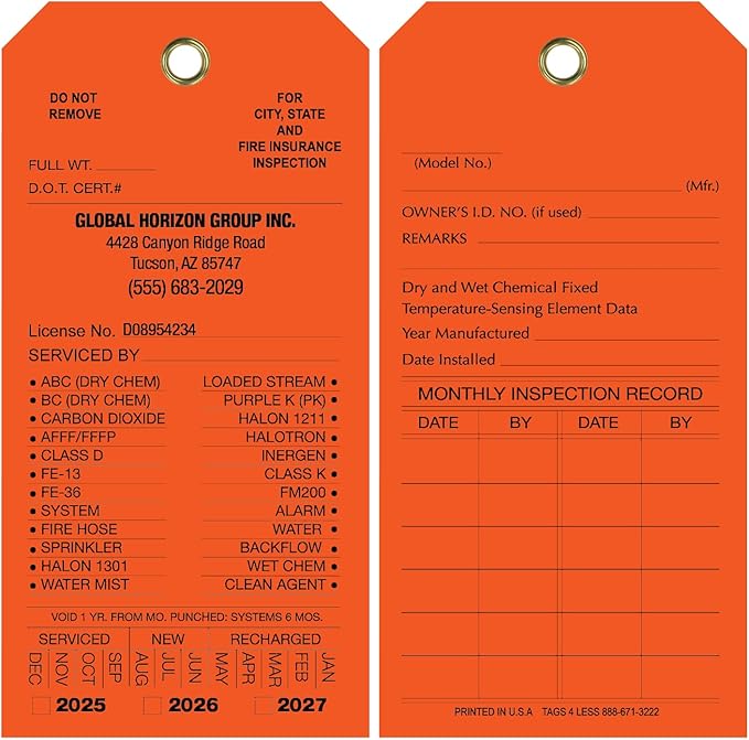Tags 4 Less Custom Fire Extinguisher Tags – Preventative Maintenance Labels for Monthly Inspections, Alternative to Safety Sticker for Easy Record-Keeping – Pack of 100 (Orange, Vinyl Plastic)