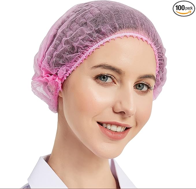 ProtectX 100-Pack Pink Disposable Hair Nets, Elastic Head Cover, Bouffant Caps, Sanitation Head Cover for Food Service, Spa Men & Women - 21 inch