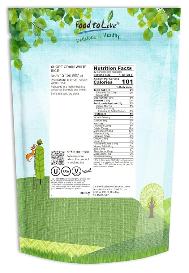 Food to Live Short-Grain White Rice, 2 Pounds – Premium Japanese Style Short-Grain, Perfectly Sticky, Vegan, Kosher rice. Easy to Cook. Great as a Side Dish. Great for Sushi, Rice Salads, and Desserts